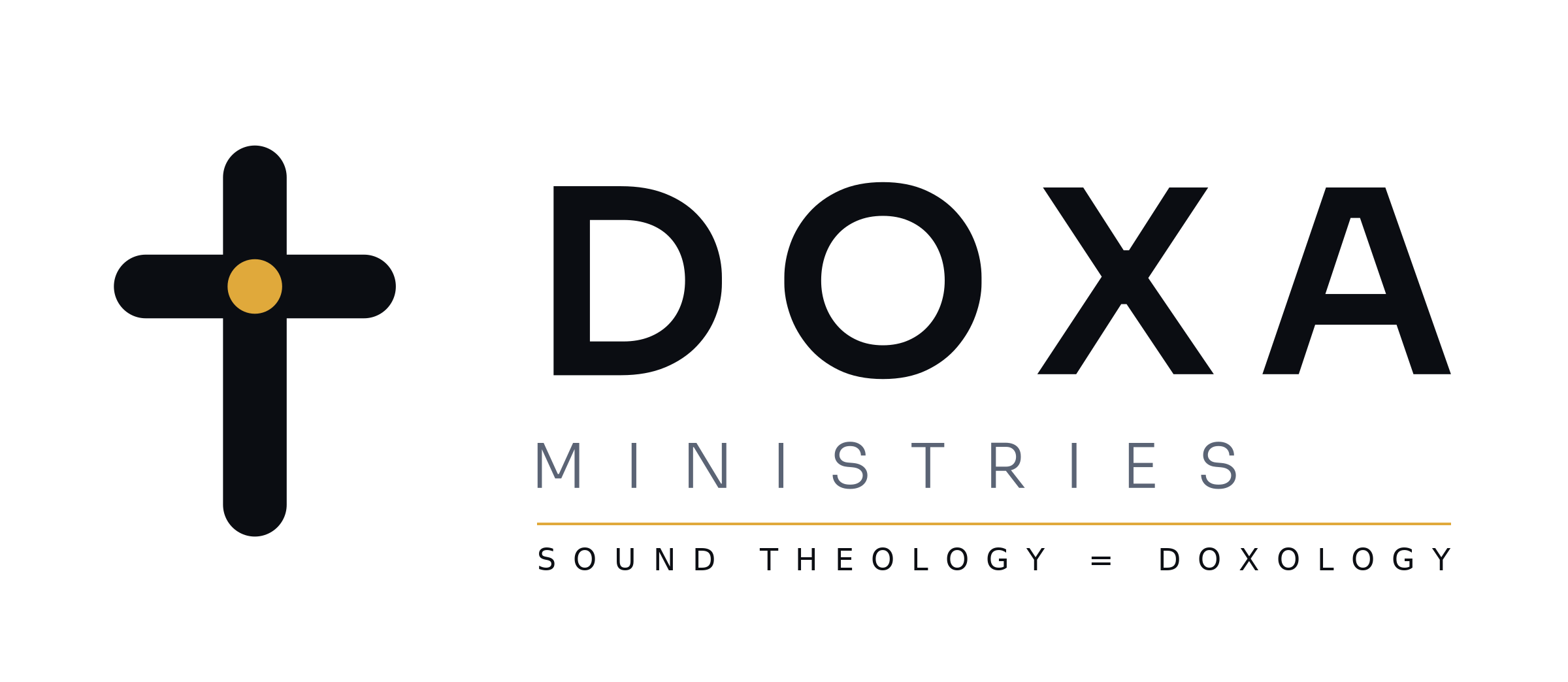 Doxa Ministries logo with cross icon and motto Sound Theology = Doxology